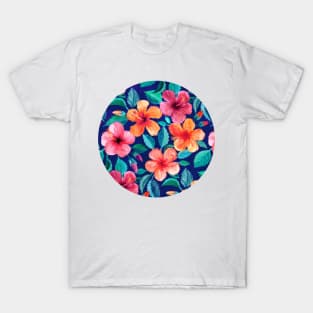 Colorful Watercolor Hibiscus on Indigo Blue T-Shirt